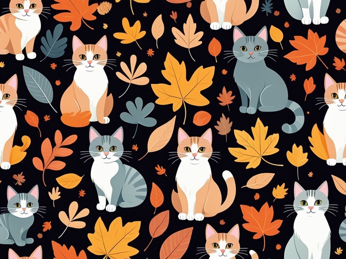 Whimsical Cat Pattern Among Colorful Autumn Leaves
