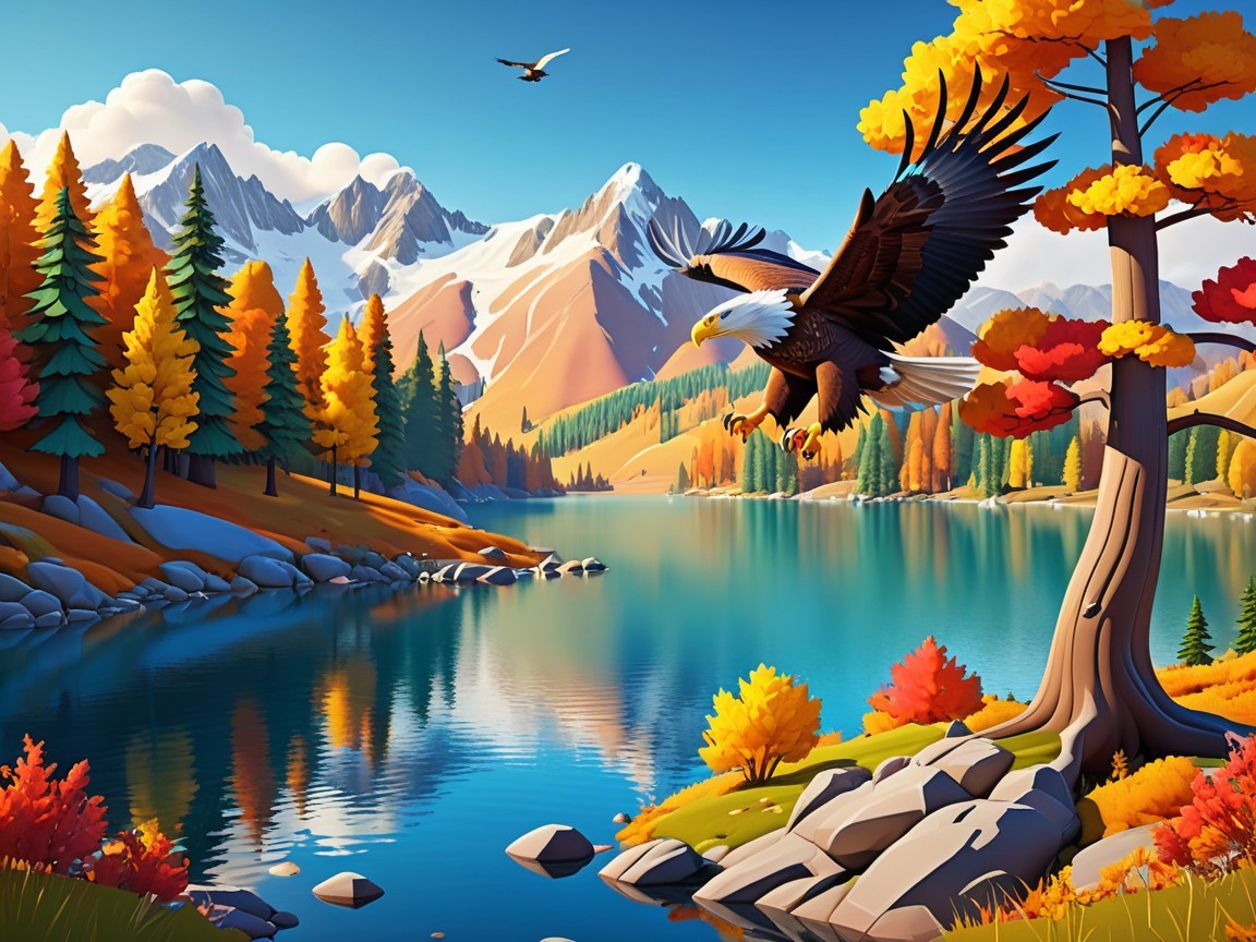 Autumn Landscape with Lake, Trees, and Mountains