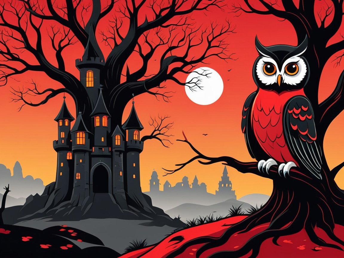 Gothic Castle and Owl in Spooky Landscape Scene