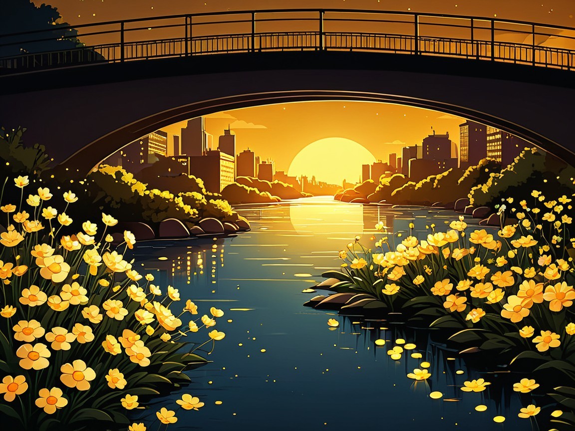 Golden Sunset Over Cityscape and Tranquil River