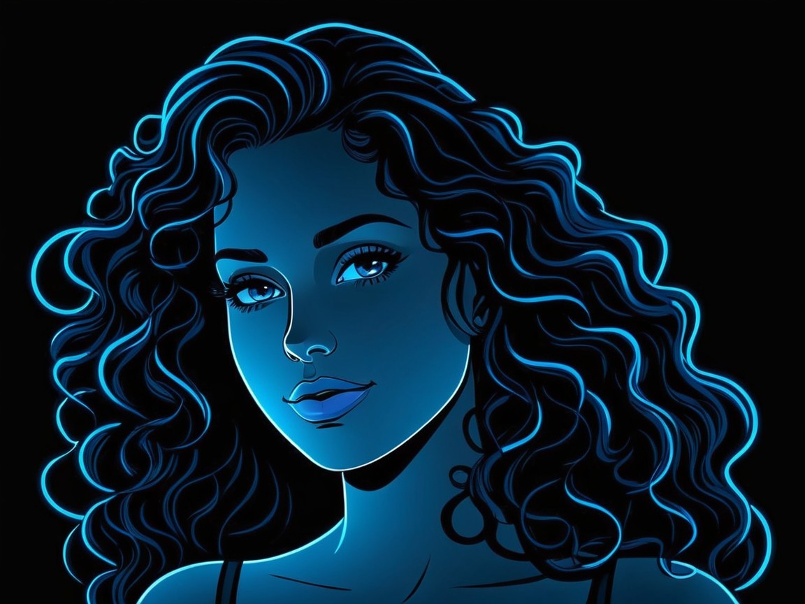 Illustration of a Woman with Curly Hair in Blue and Black