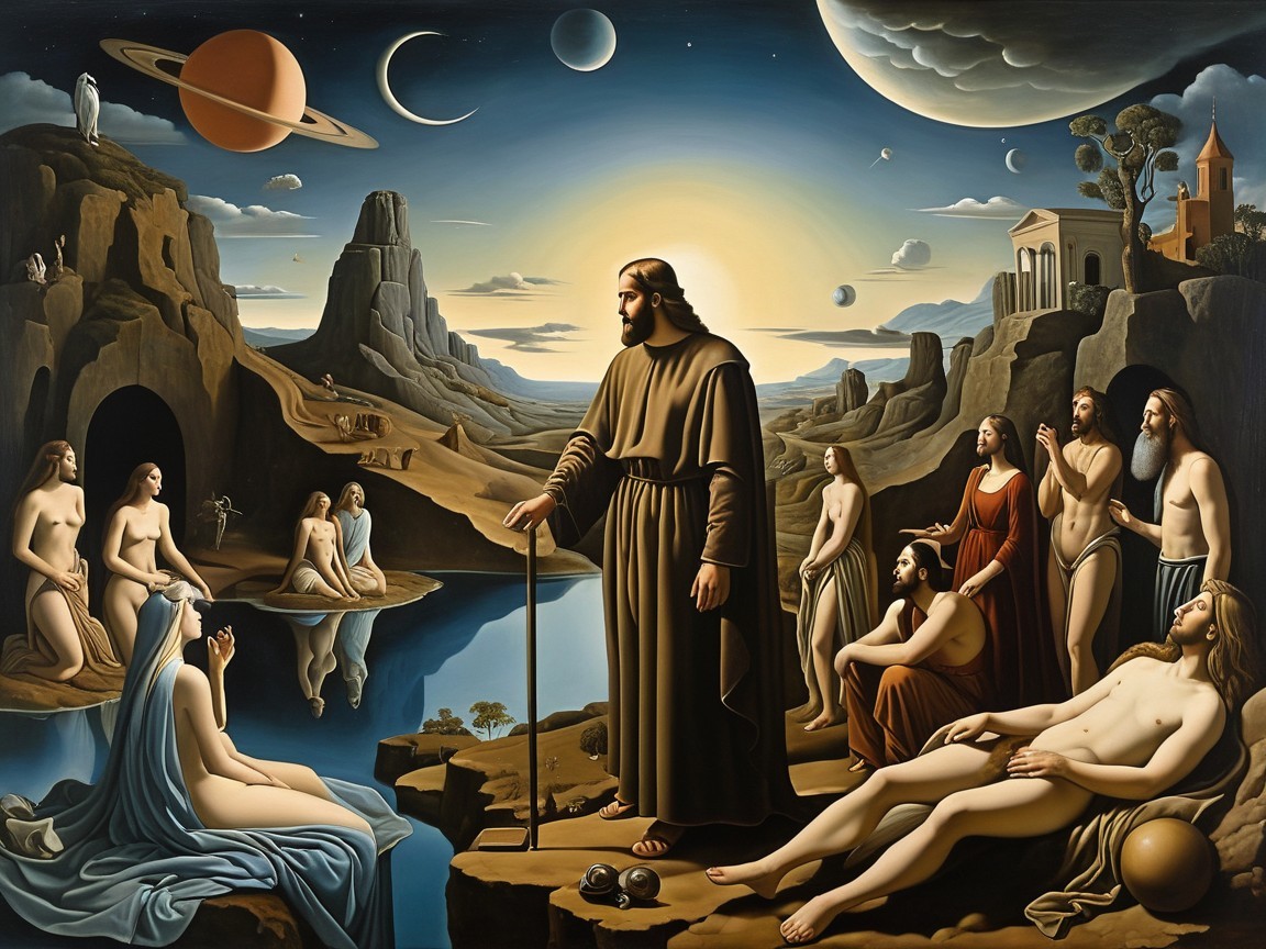 Surreal Painting of a Wise Man and Mythological Figures
