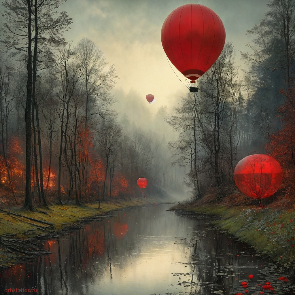 Red hot air balloons over misty waterway and autumn trees under overcast sky