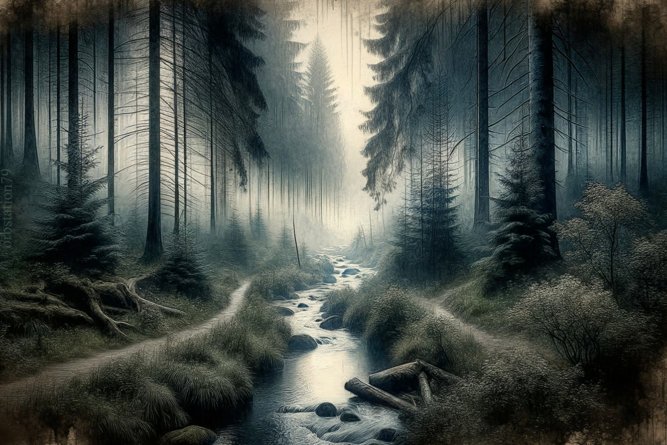 Misty Forest with Stream and Foggy Light Effects