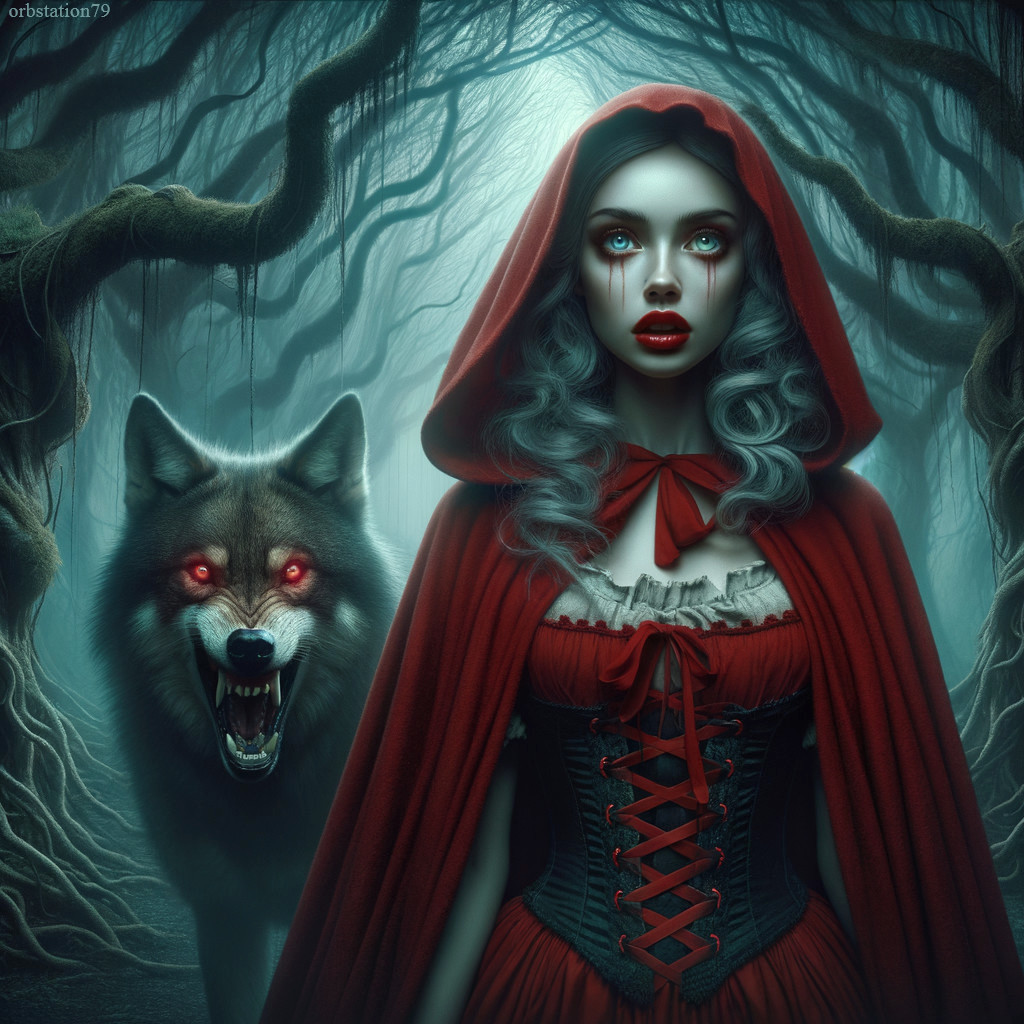 Woman in Red Cloak with Wolf in Enchanted Forest