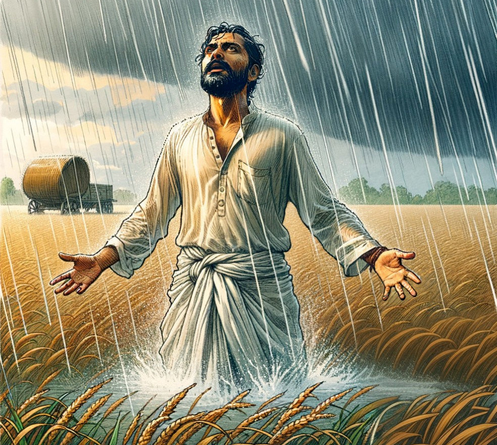 Man standing in wheat field under stormy sky with hay cart in background