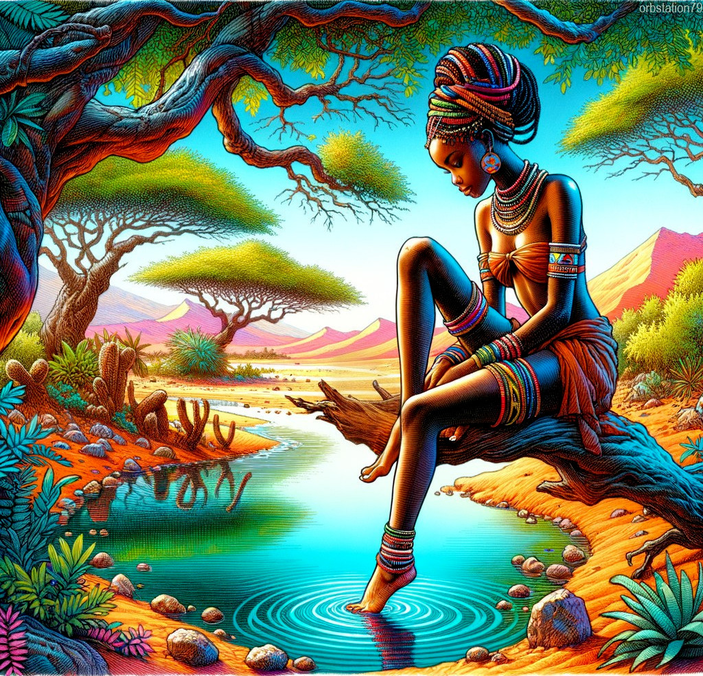 Young Woman on Tree Branch by Tranquil River