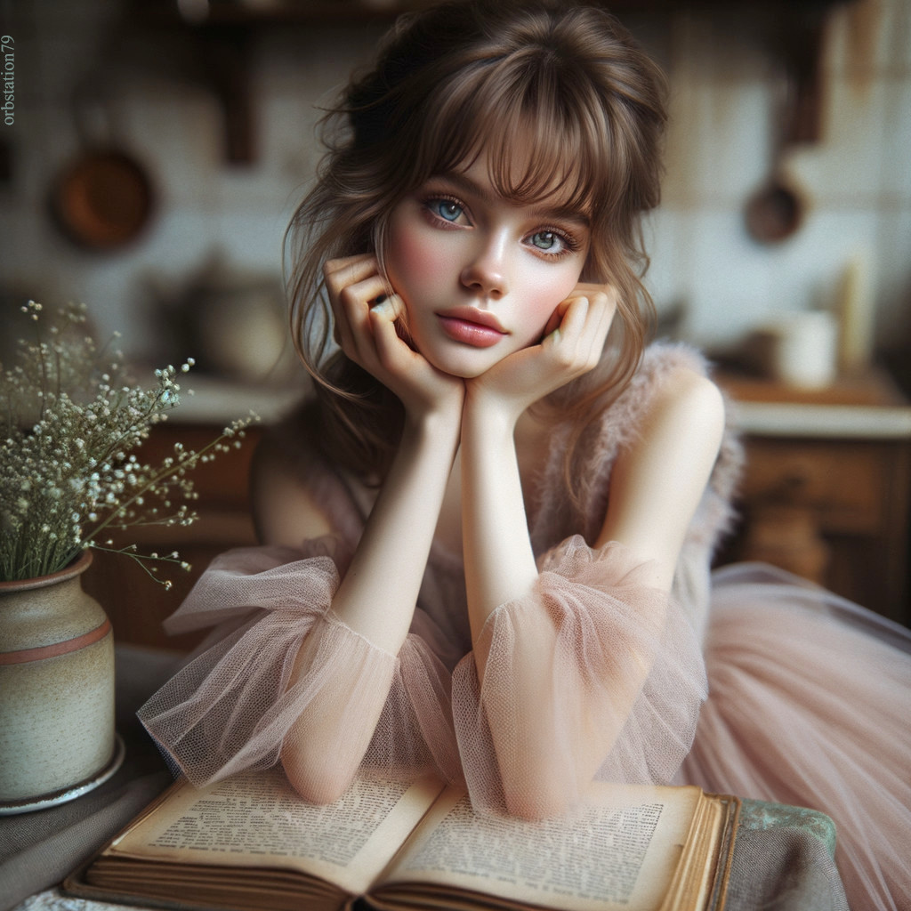 Young Woman in Vintage Kitchen with Open Book