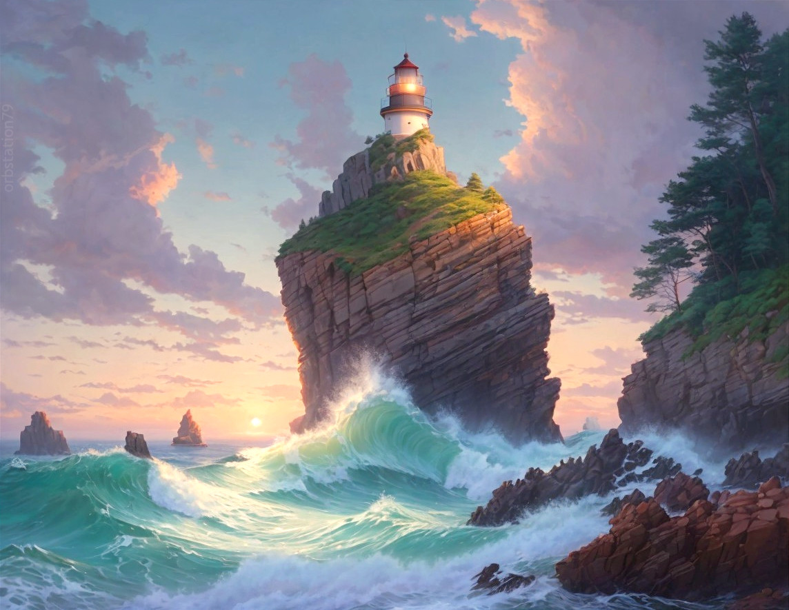 Lighthouse on Cliff with Sunset and Waves