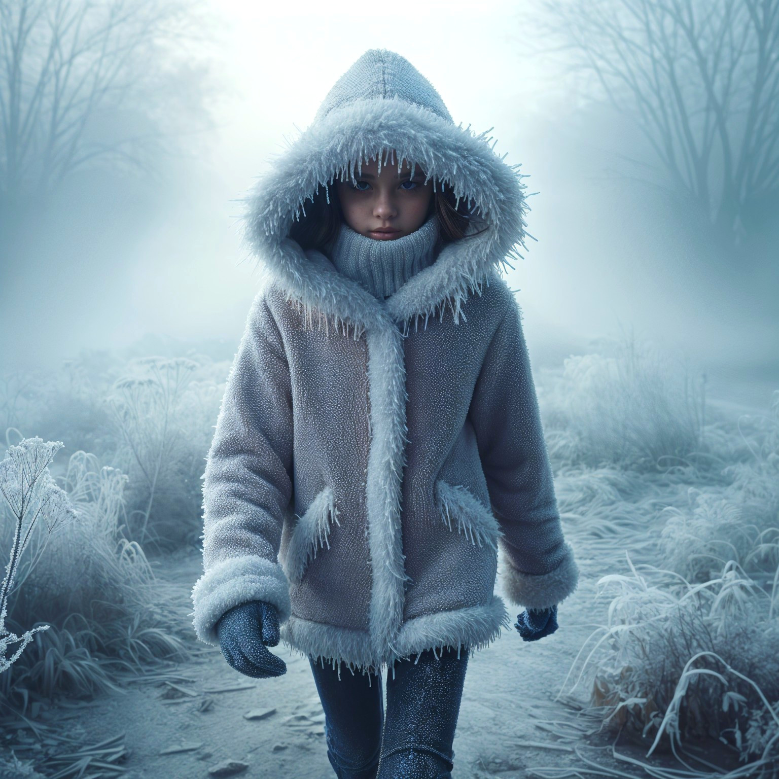 Young girl in frosty, misty winter landscape