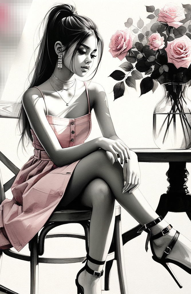 Elegant Young Woman in Pink Dress with Roses