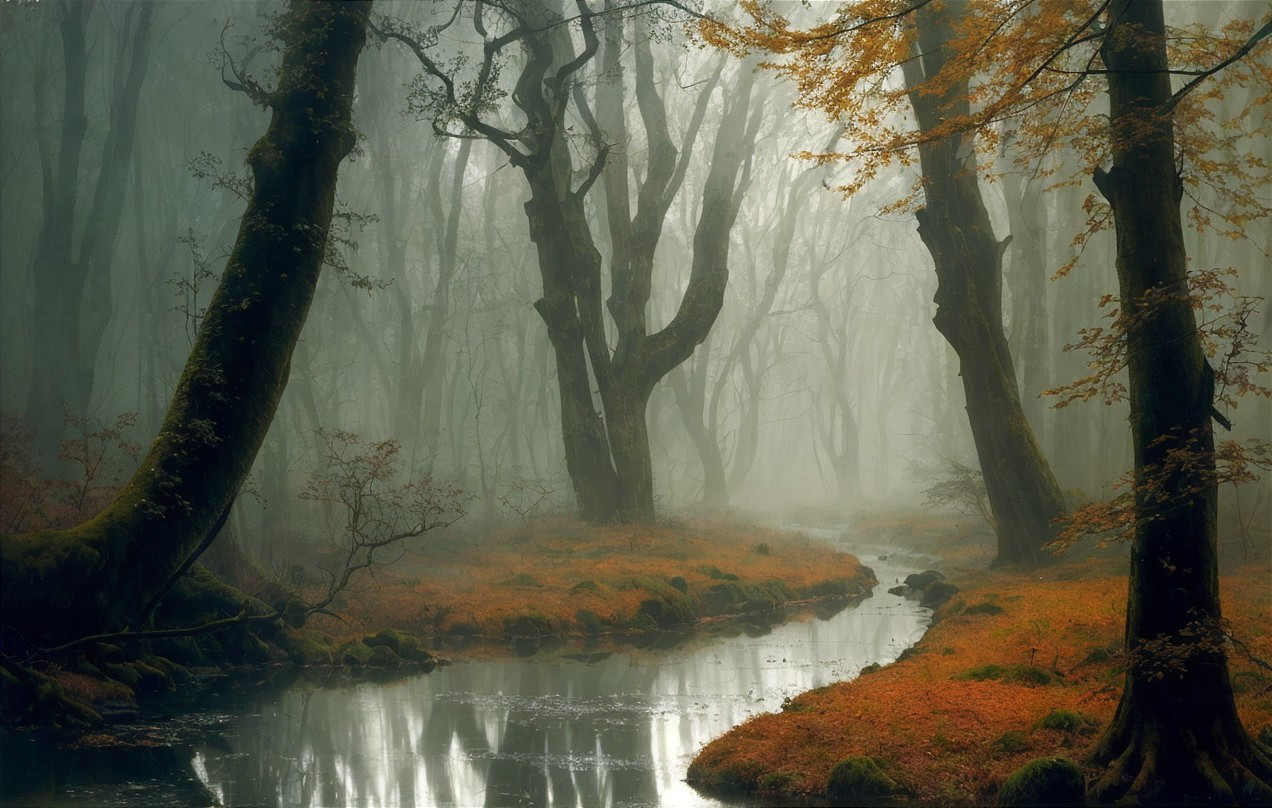 Misty Forest with Twisted Trees and Gentle Stream