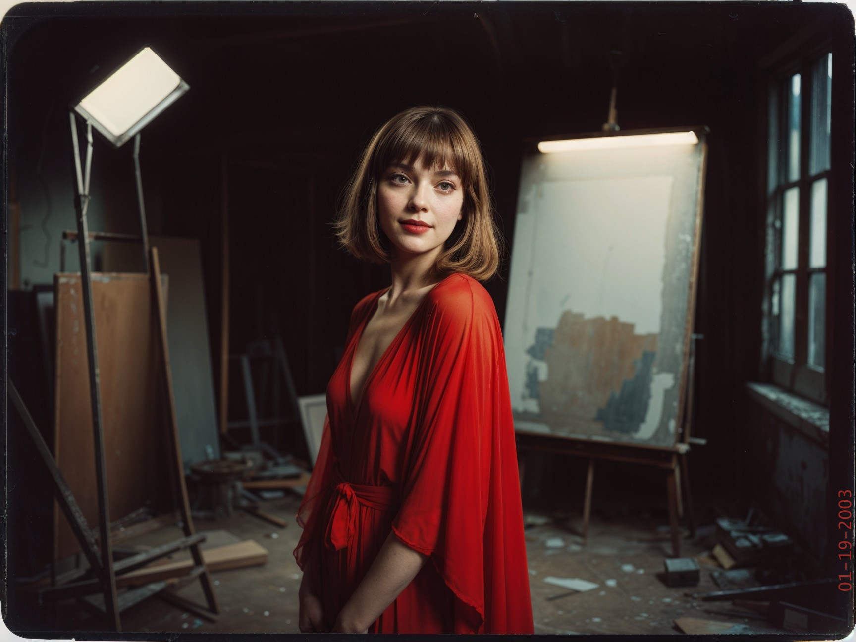 Woman in Red Dress in Dimly Lit Art Studio