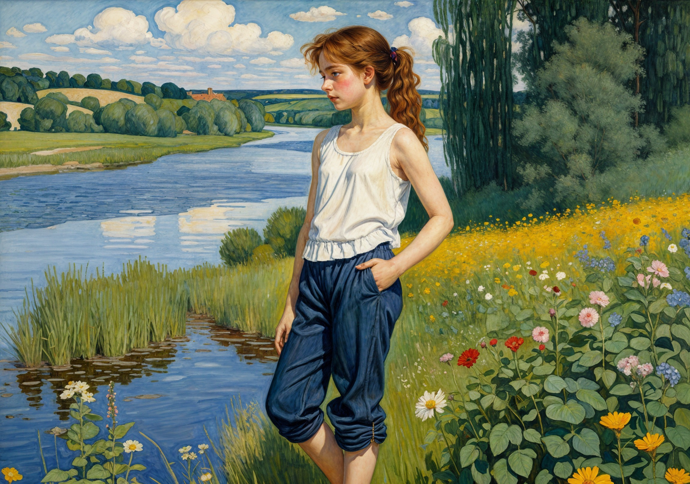 Girl by a serene river in a tranquil landscape