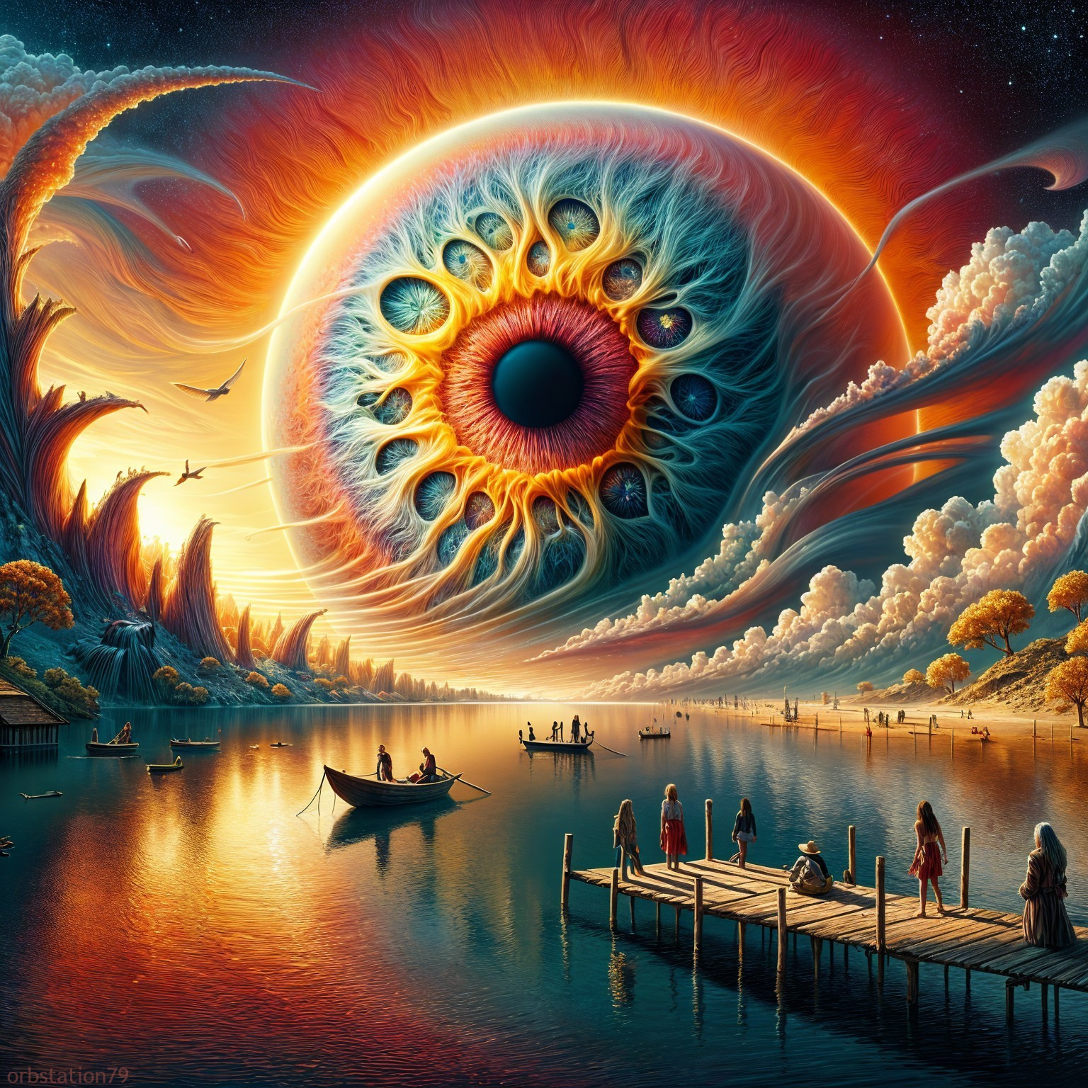 Surreal Landscape with Vibrant Sun and Serene Lake