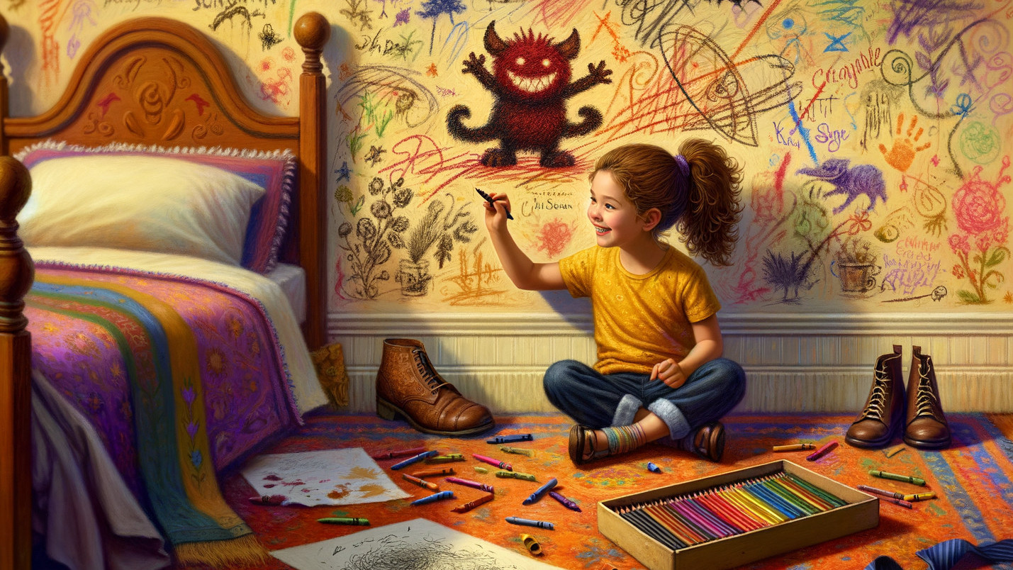 Young girl drawing on a wall in a colorful room