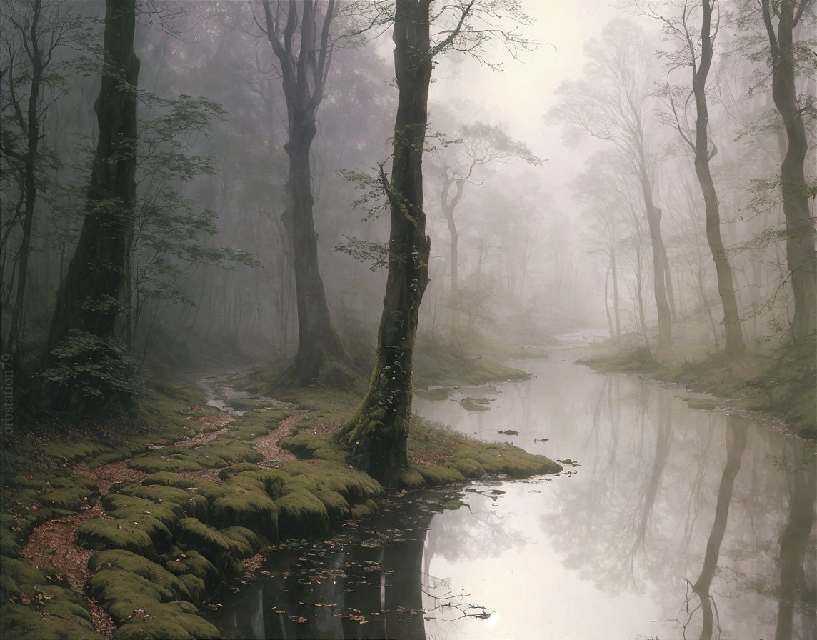 Serene forest with misty river and moss-covered path