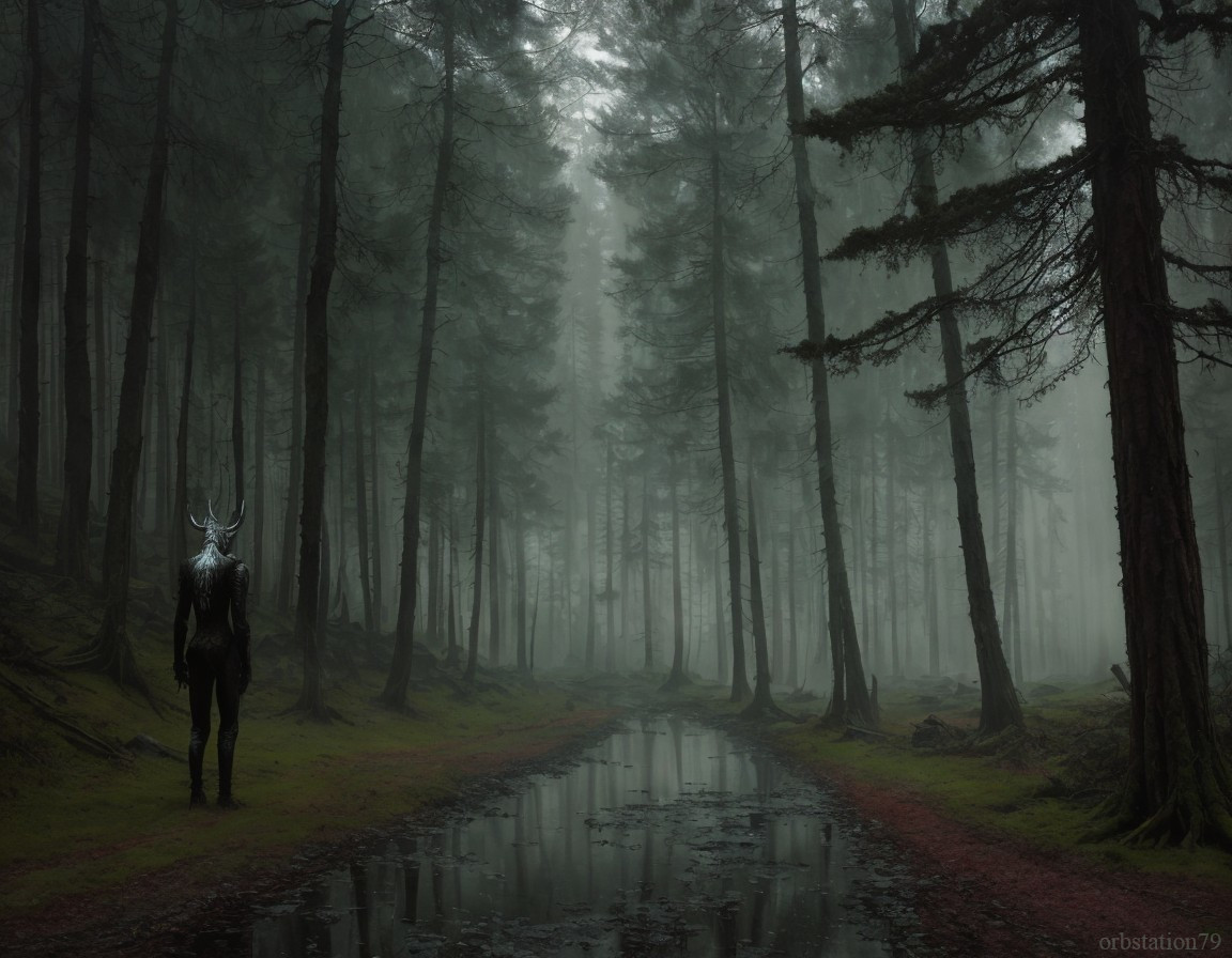 Person in Deer Skull Mask Stands in Misty Forest