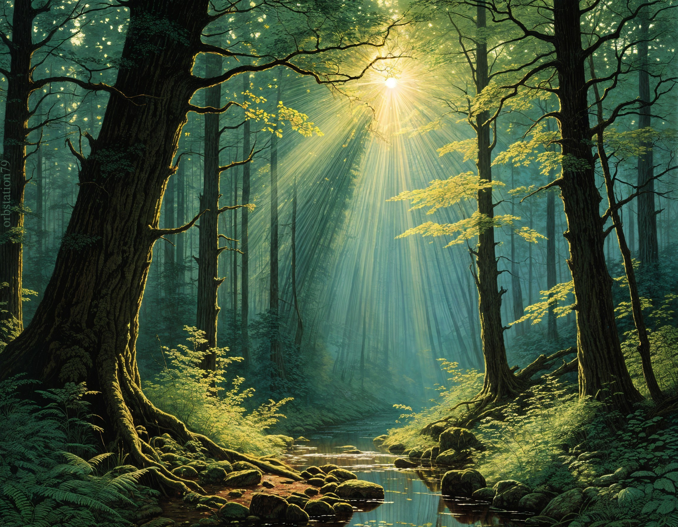 Serene forest scene with sunlight and gentle stream