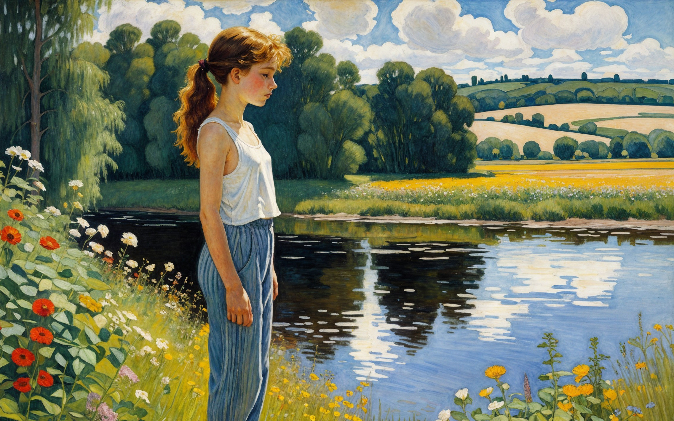 Young Girl by Serene River Surrounded by Nature