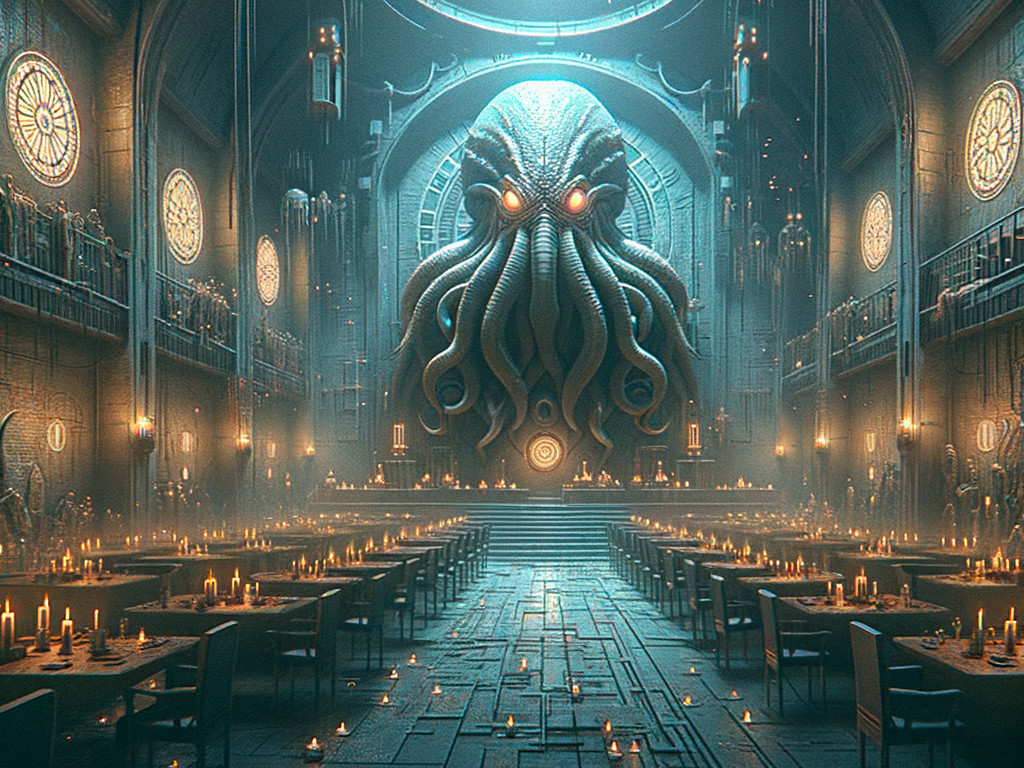 Gothic hall with Cthulhu-like figure in dim candlelight