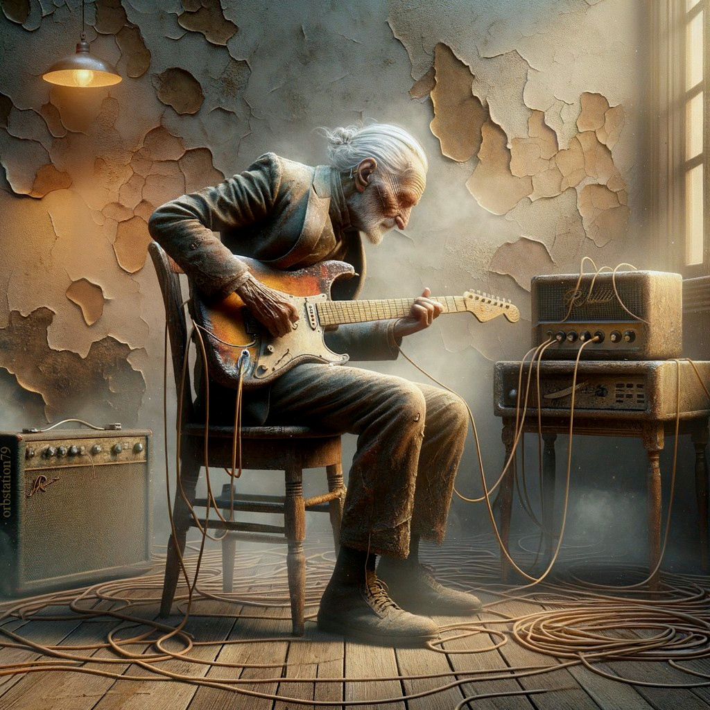 Elderly Musician Playing Electric Guitar in Dim Room