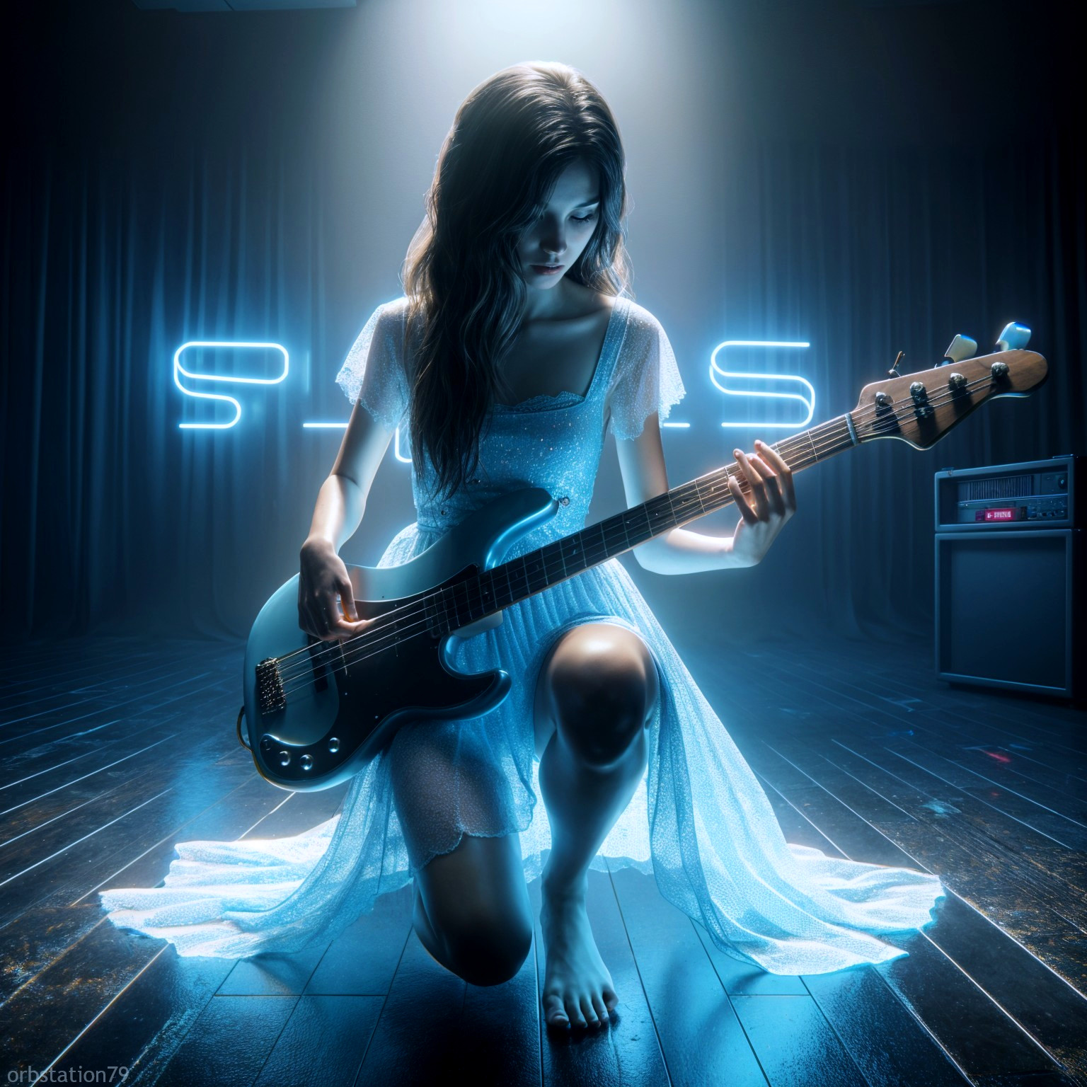 Young Woman with Electric Bass on Dimly Lit Stage