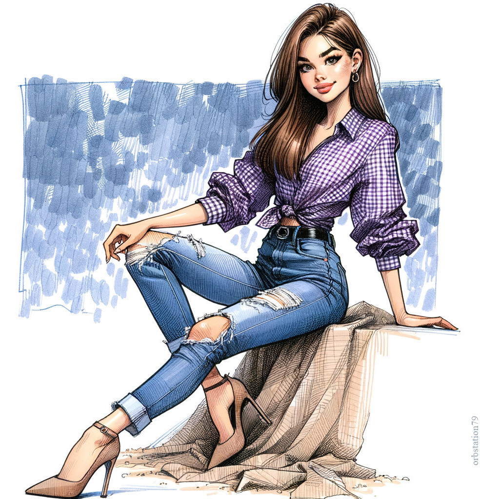 Young Woman in Casual Chic Outfit on Blue Background