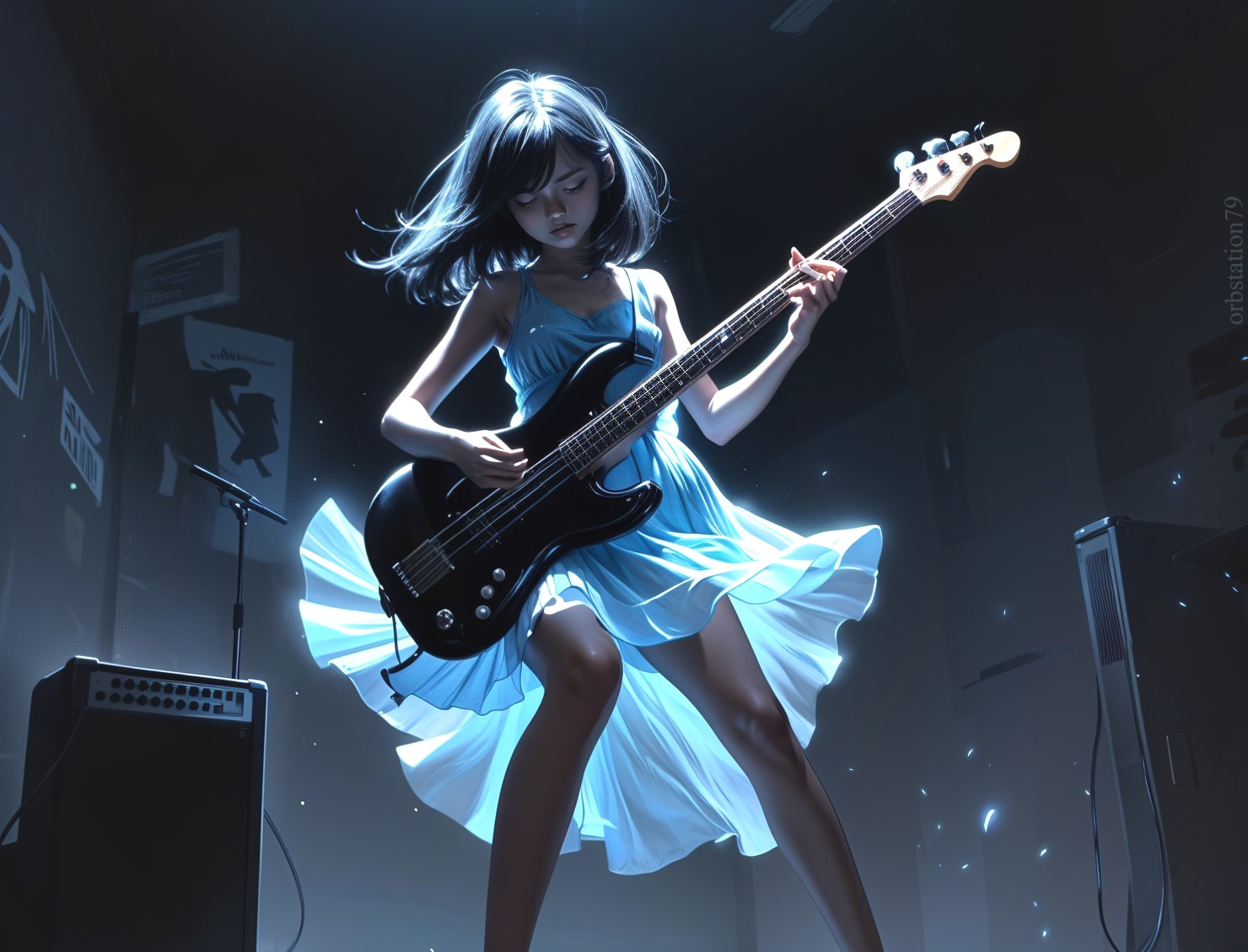Girl in light blue dress playing electric bass guitar