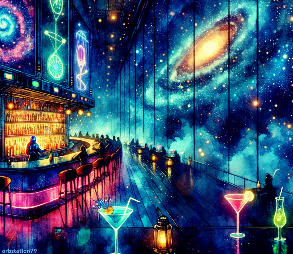 Cosmic-Themed Bar with Neon Lights and Galaxy Views