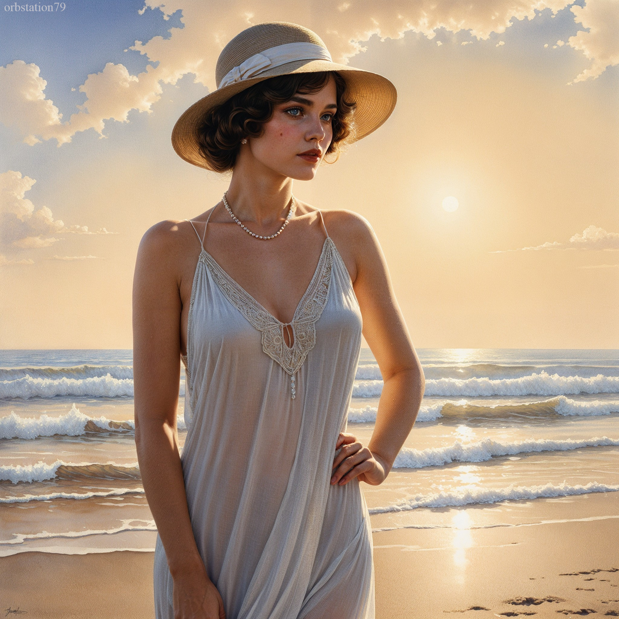 Young Woman in Flowing Dress by Serene Beach at Sunset