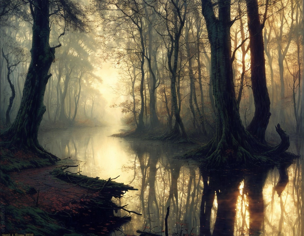 Misty Forest with Sun Rays and Serene Water Body