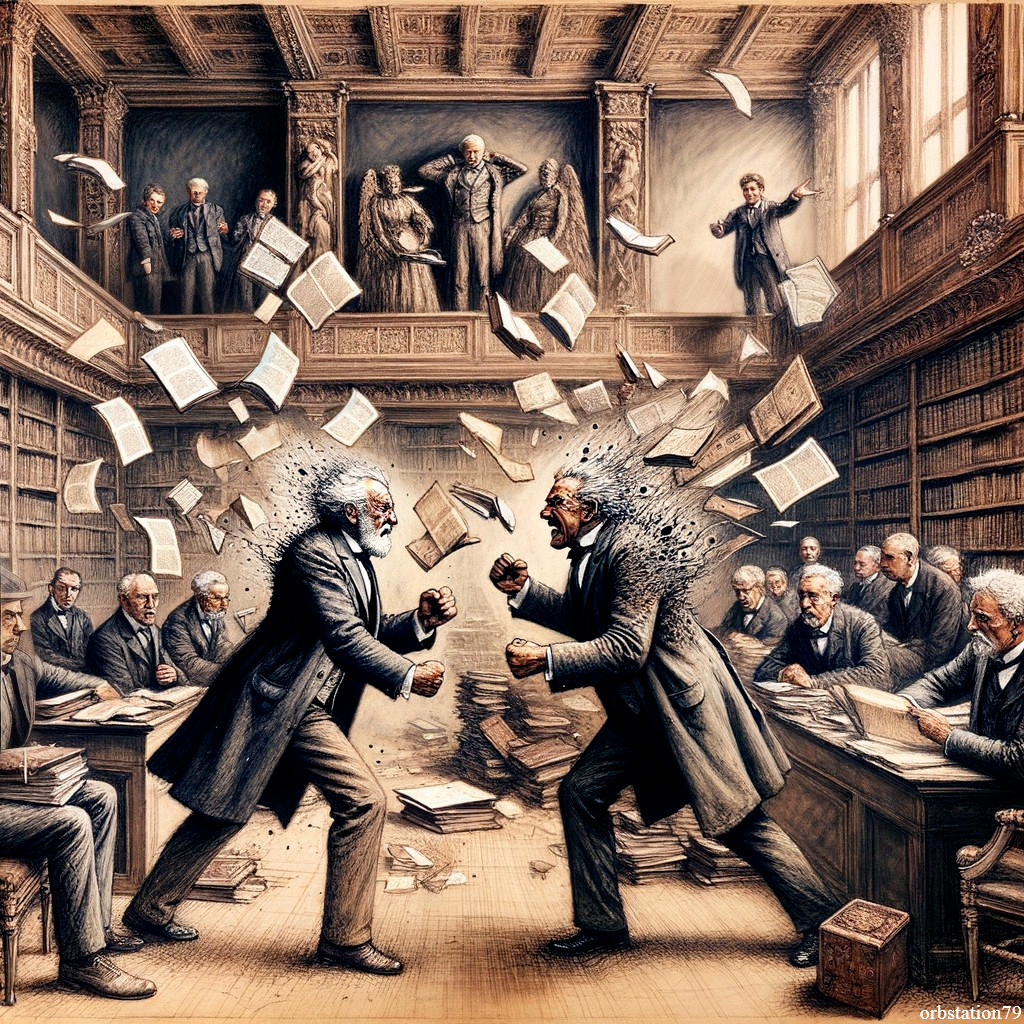 Elderly Gentlemen Argue in Historic Library Setting