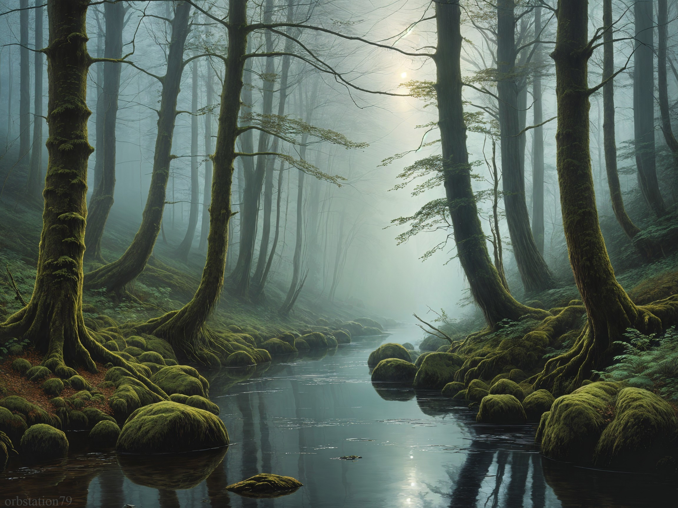 Serene Misty Forest with Lush Greenery and Stream