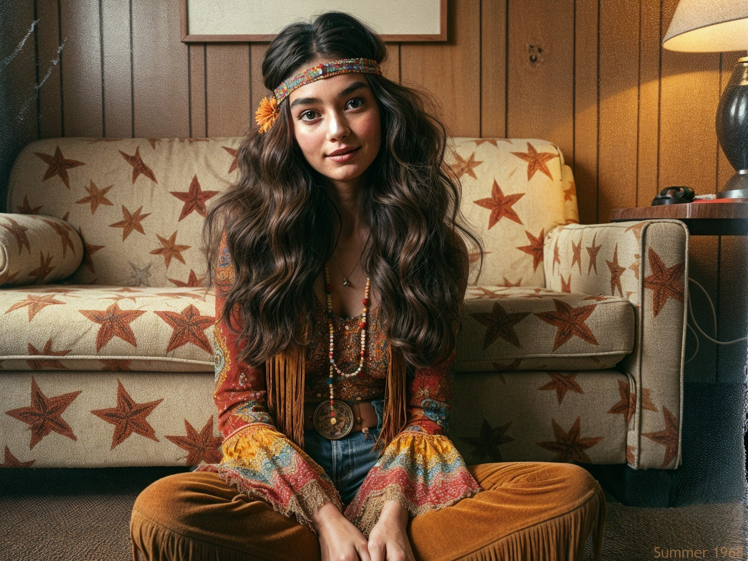 Bohemian Style Young Woman on Retro Couch