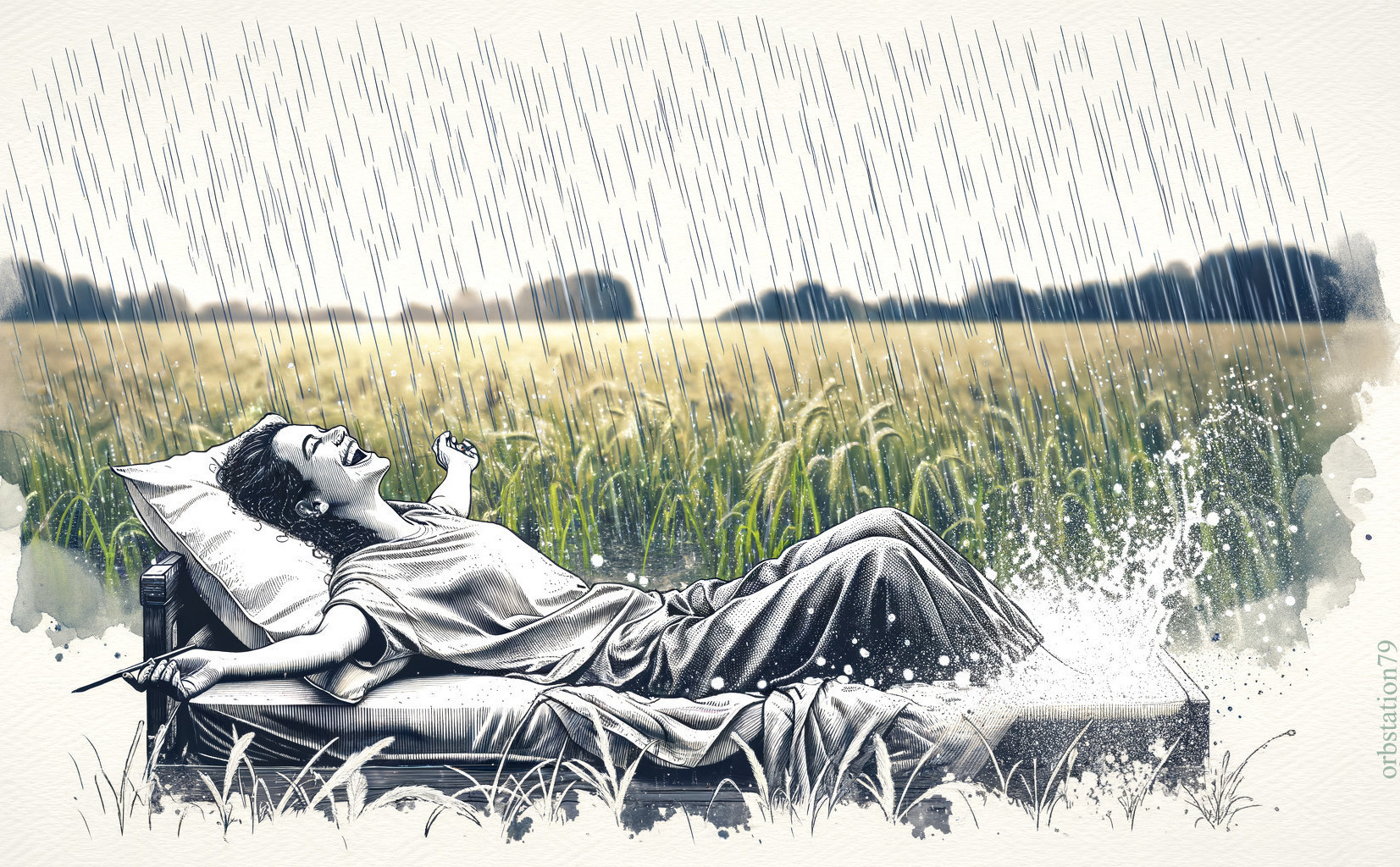 Person joyfully catching raindrops on outdoor bed in field