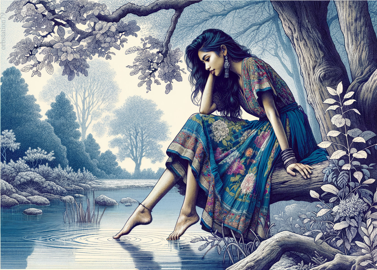 Woman in Floral Dress by Pond Creating Water Ripples