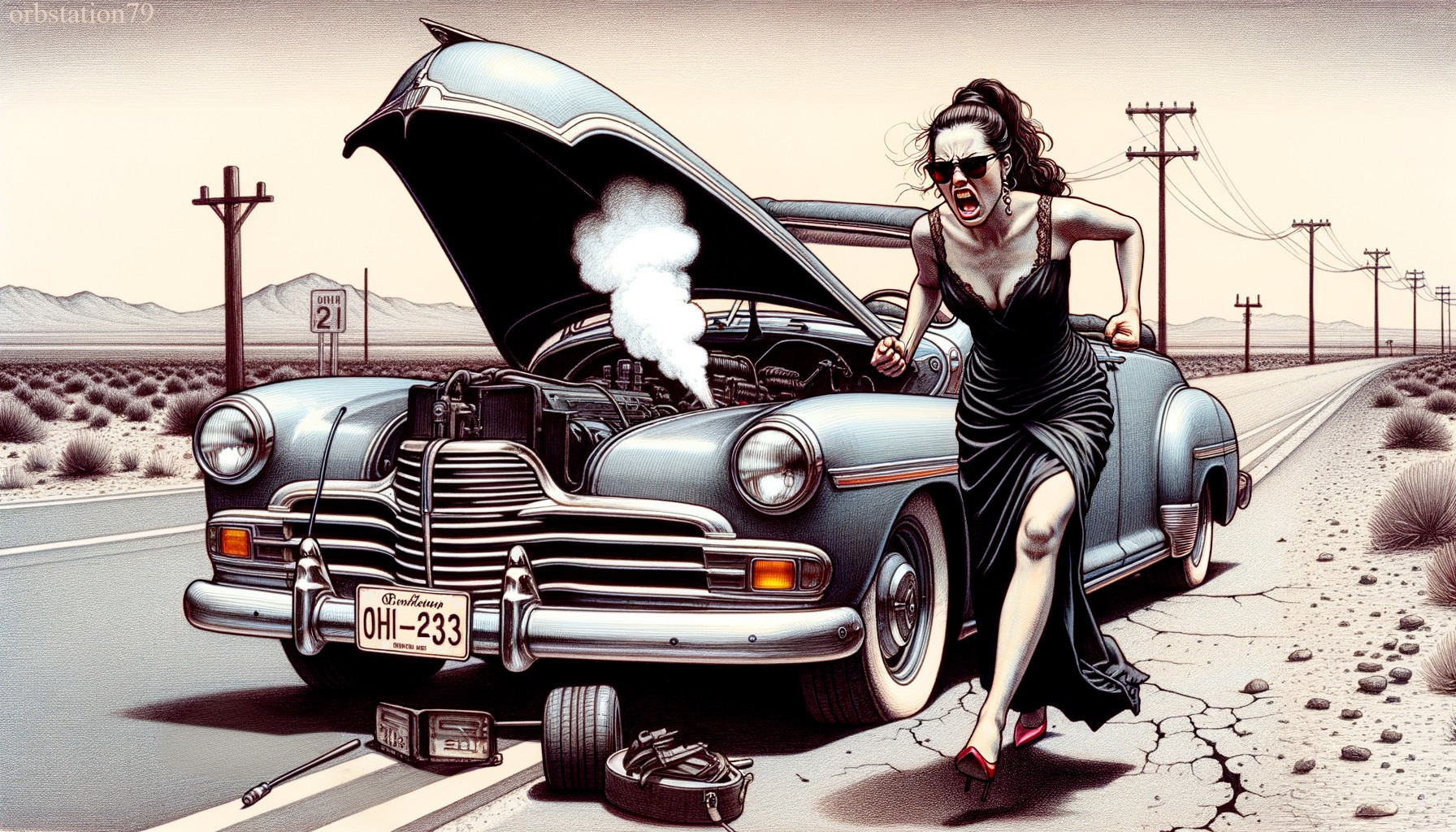 Glamorous Woman by Vintage Car in Desert Landscape