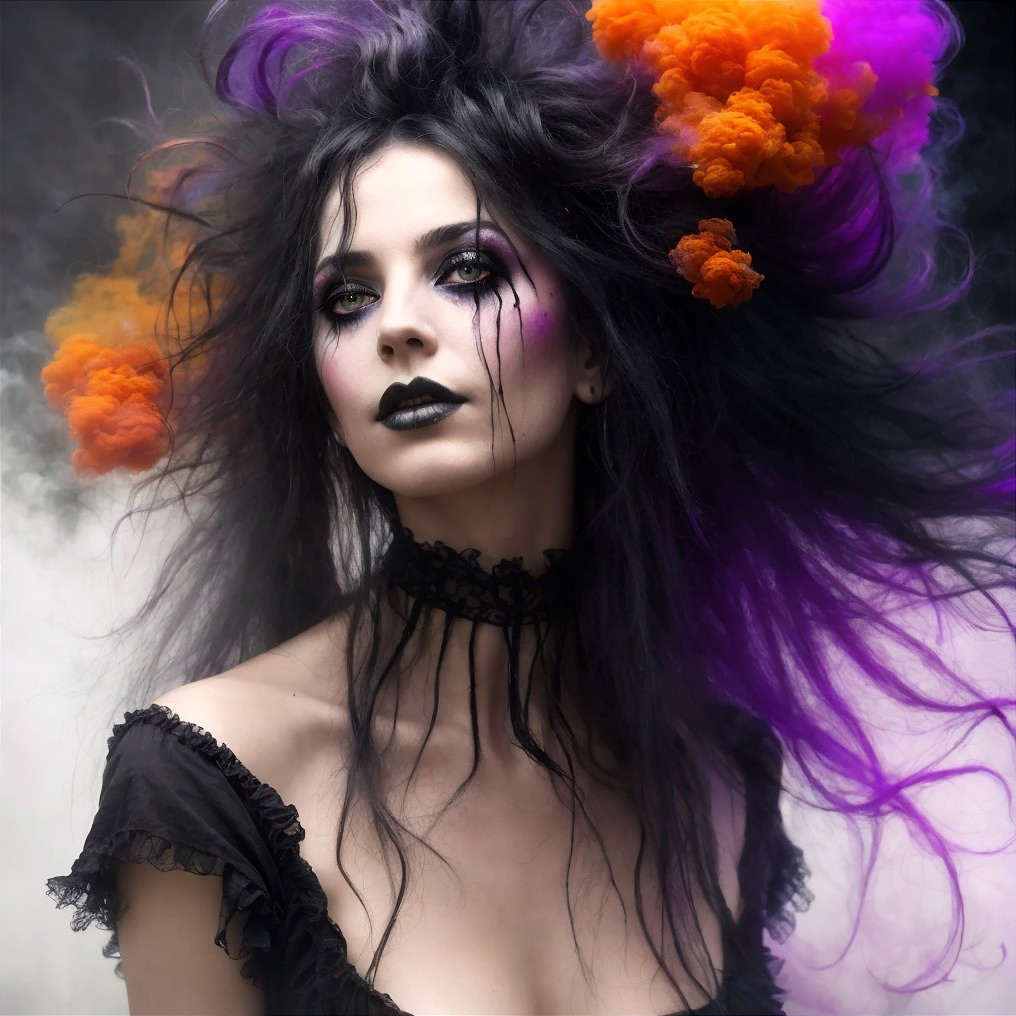 Gothic figure with vibrant smoke and dramatic makeup