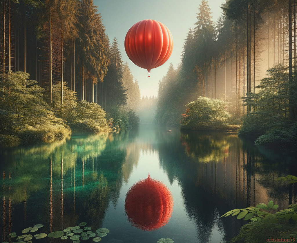 Serene forest landscape with red hot air balloon reflected in lake