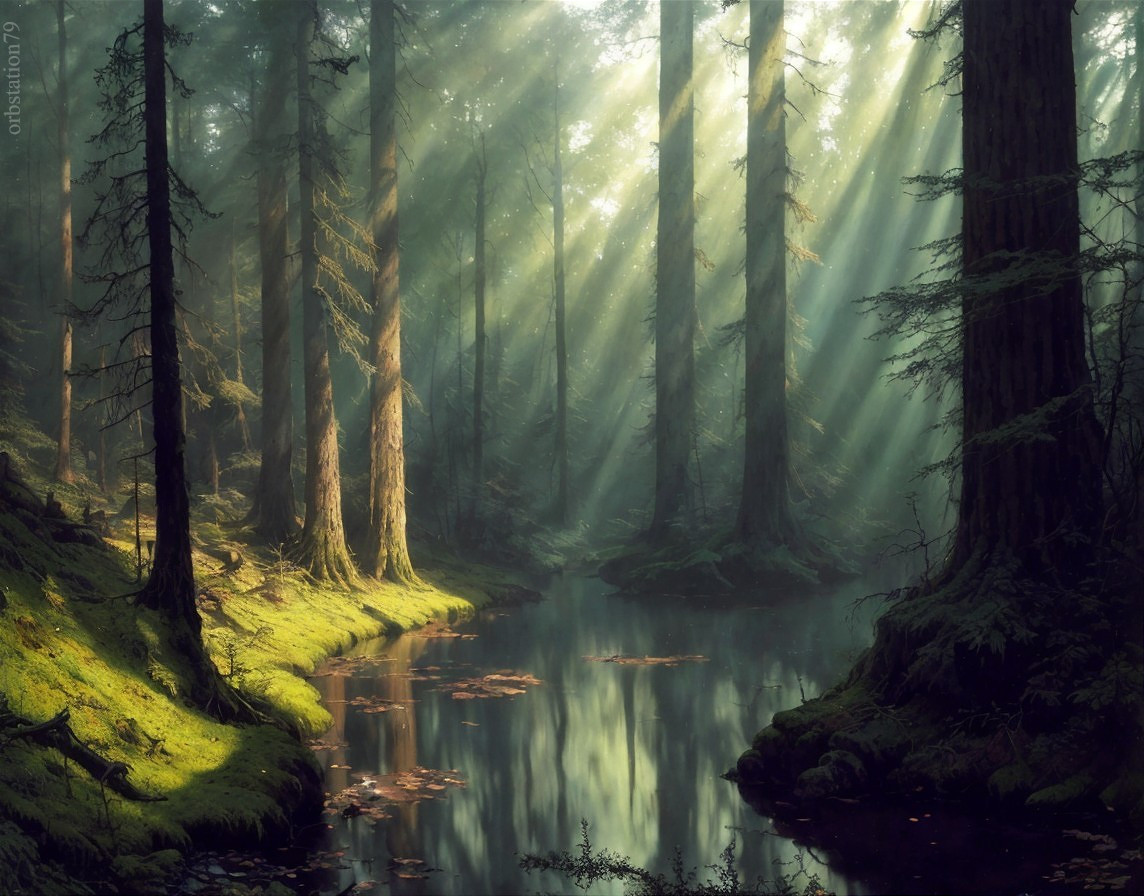 Serene Forest Scene with Golden Light and Stream