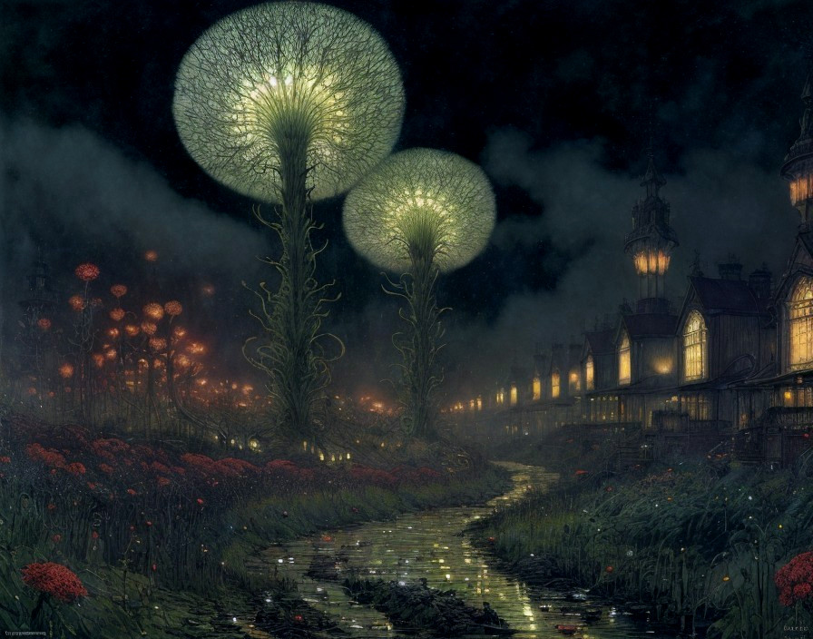 Enchanting night scene with glowing plants, lantern-lit street, and red foliage