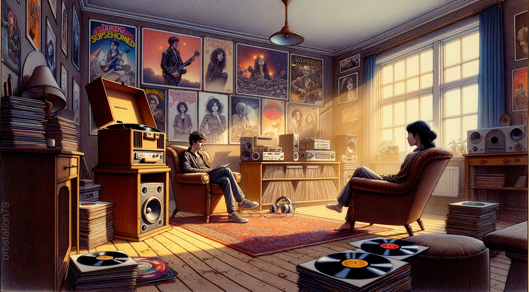 Cozy vintage music room with vinyl records and sunlight
