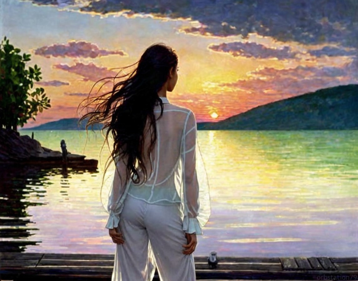 Serene Sunset Scene by a Calm Lake with Silhouettes