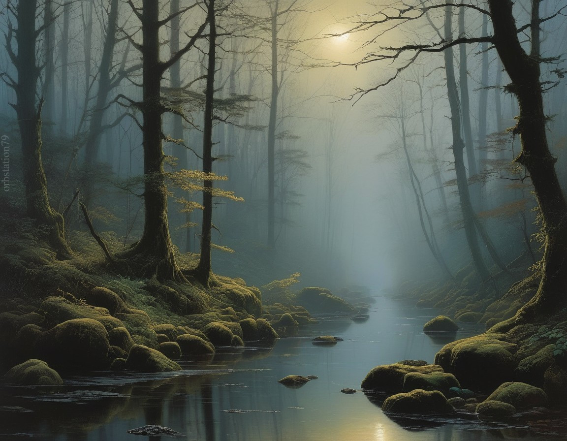 Misty Forest Scene with Calm River and Golden Light