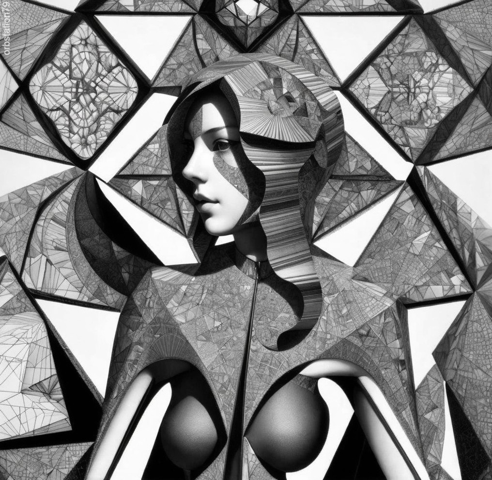 Abstract Monochrome Art: Stylized Female Figure with Geometric Patterns