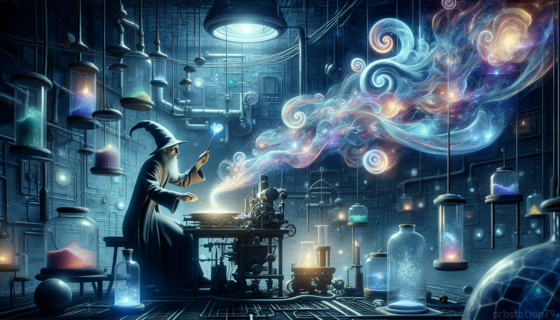 Wizard crafting spell in steampunk laboratory with glowing potions