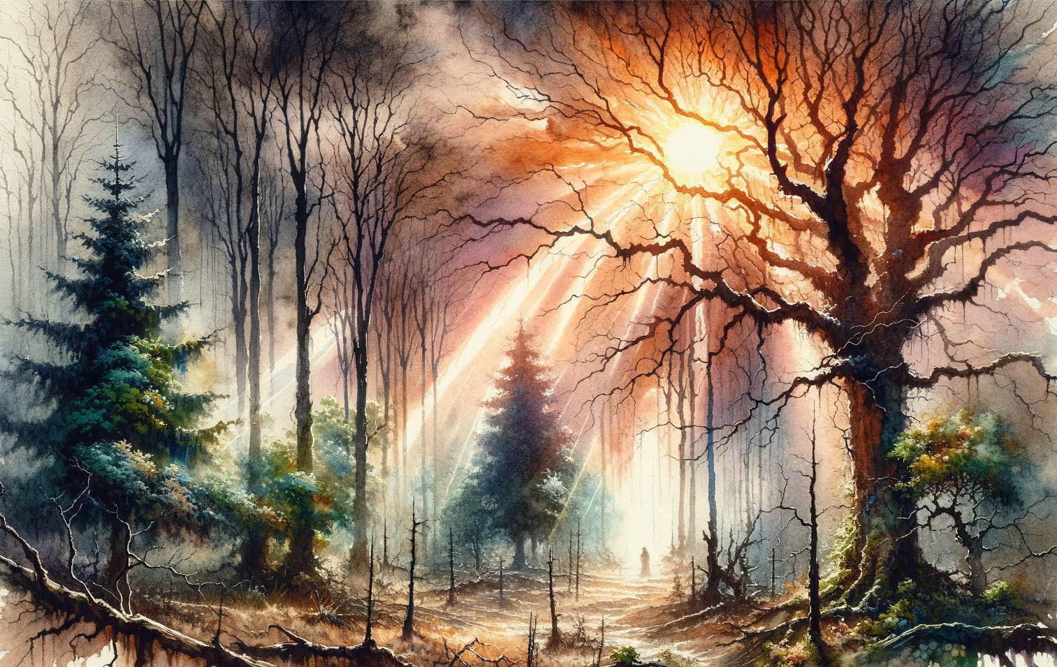 Mystical Forest with Dramatic Sunlight and Silhouettes