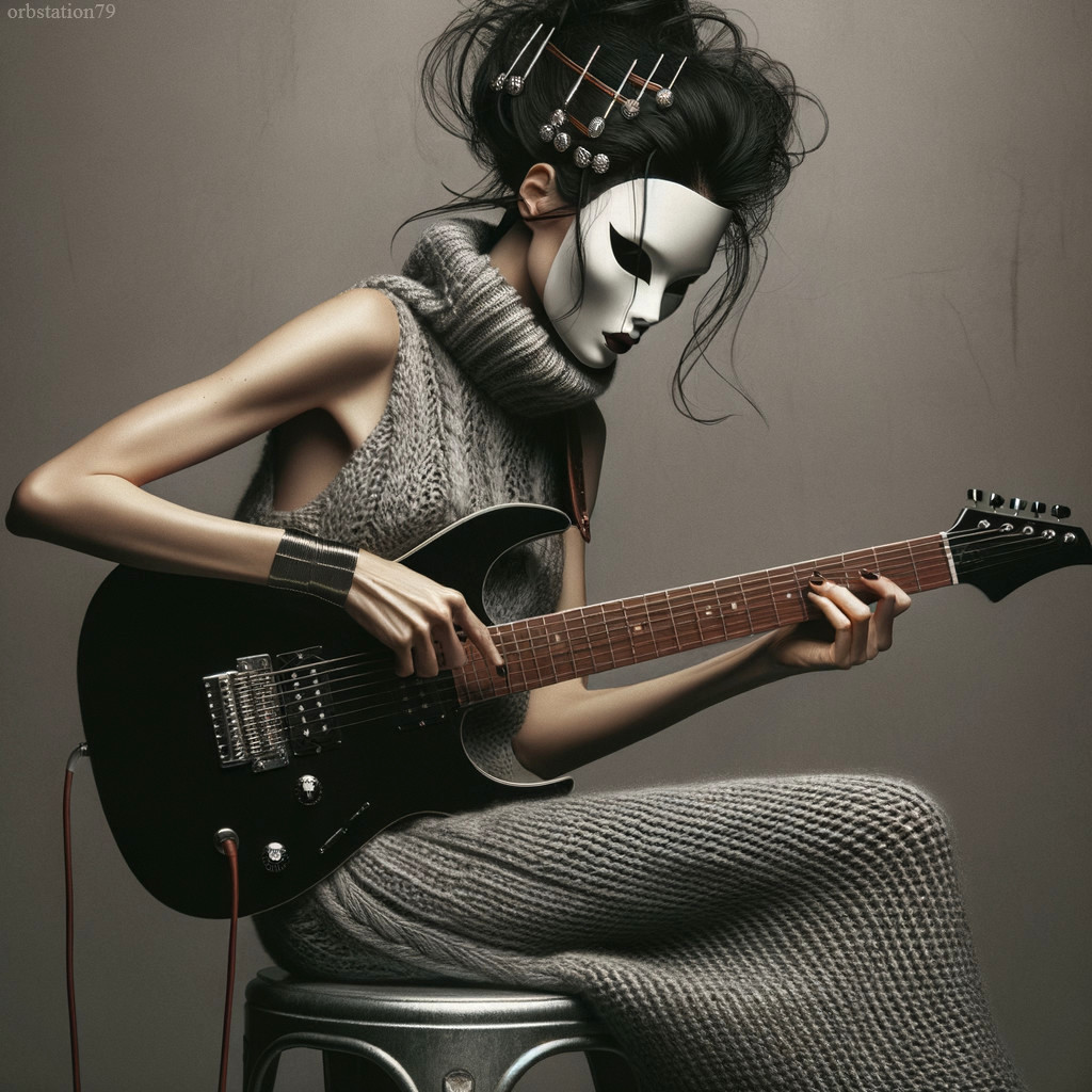 Slender Figure in Grey Dress Playing Electric Guitar