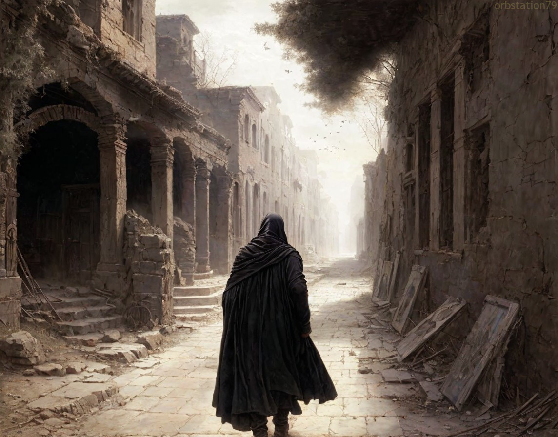 Lone Figure in Cloak on Crumbling Ancient Street